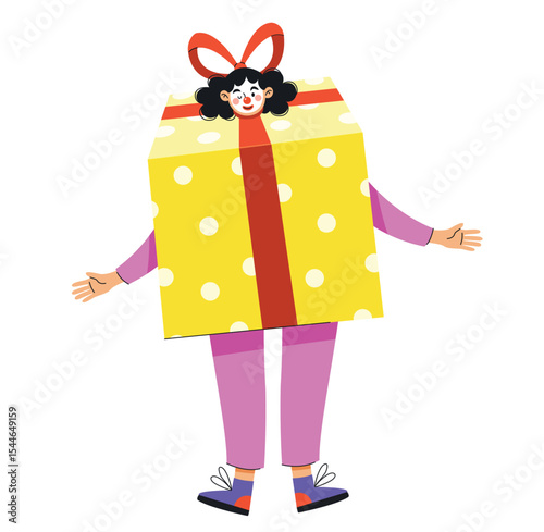 Playful vector illustration of a person dressed as a large yellow gift box with white polka dots and a red ribbon, symbolizing surprise, celebration, and festive fun.