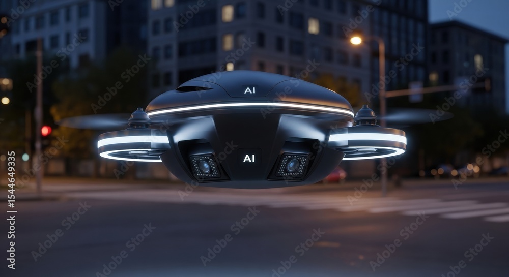 Fototapeta premium Smart AI Surveillance Pod Floating Above City Street