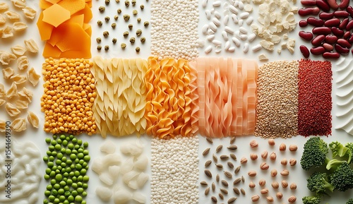 Diverse array of grains, seeds, and legumes displayed artistically.