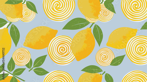 Seamless pattern featuring yellow lemons green leaves and swirl candies on a light blue background design
