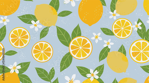 Seamless pattern of lemons, lemon slices, leaves, and white flowers on a light blue background design