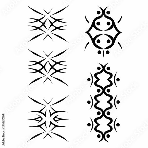 Create a high-contrast icon set featuring bold tribal designs; geometric patterns, stylized masks, and totemic elements.  Include variations in size and style.