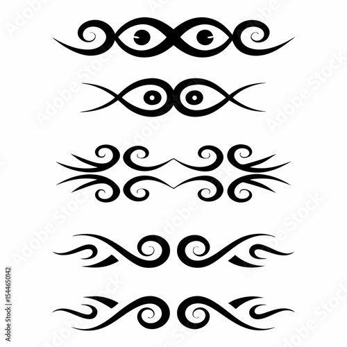 Design a horizontal tribal bar tattoo incorporating symbolic elements; emphasize bold lines and geometric patterns.