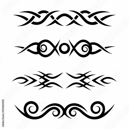 Design a horizontal tribal bar tattoo featuring bold, symmetrical symbols; emphasize intricate detailing and a dark, saturated color palette.