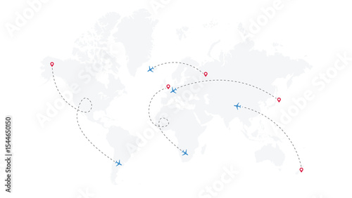 Set of Various Airplane Lines and Roads with Jet Icons and World Map