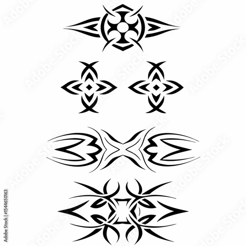 Design a tribal-style hunter's mark tattoo incorporating geometric patterns and animalistic motifs.  Focus on bold lines and a dark, earthy color palette.