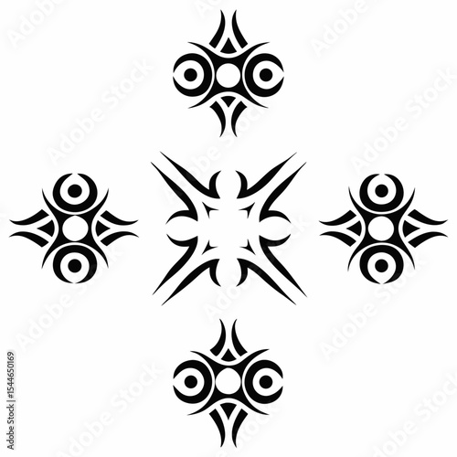 Design a tribal-style tattoo depicting a hunter's mark, incorporating geometric patterns and animalistic motifs.  Emphasis on bold lines and dark ink.