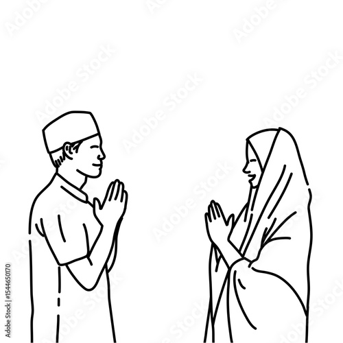 Muslim and Muslimah Line Art Illustration for Ramadhan and Eid Mubarak Greeting Card & Celebration Design