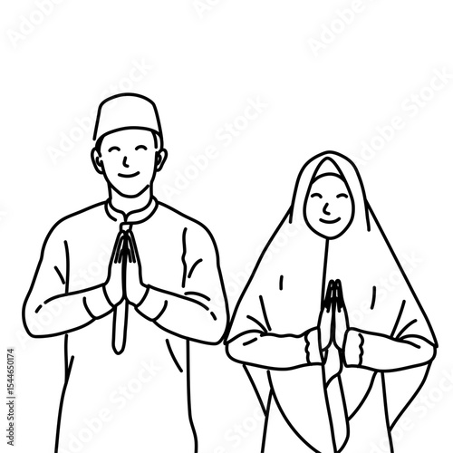 Muslim and Muslimah Line Art Illustration for Ramadhan and Eid Mubarak Greeting Card & Celebration Design