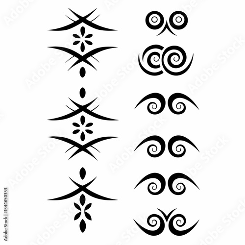 Design a set of Inuit tribal tattoo symbol icons, showcasing diverse traditional designs.  Include variations in style and color palettes.