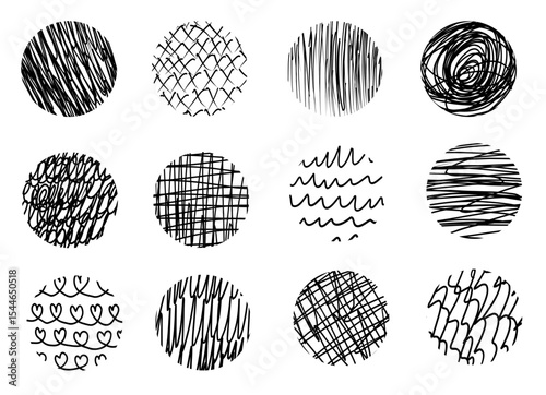 Crosshatch pattern with scribble lines. Hatch hand drawn texture in circle shape