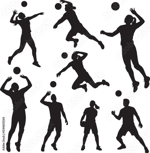 Set of Volleyball Player Silhouettes – Action Poses of Male and Female Athletes Jumping, Serving, and Spiking the Ball Isolated on White Background