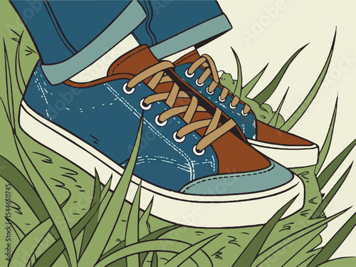A pair of athletic sneakers and hiking boots, some on grass, represent diverse footwear for sport, walking, and fashion