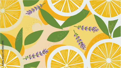 Patterned design featuring lemon slices, green leaves, and lavender sprigs on a yellow background