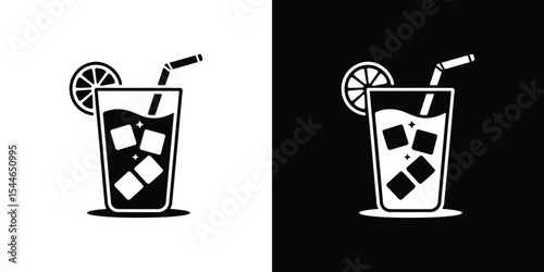 Drink With Ice Cubes, Lemon Slice, and Straw Icon in Black and White Versions