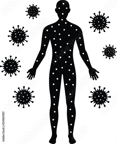 Human silhouette with virus cells indicating viral infection or disease spread
