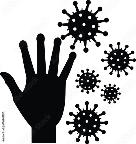 Contaminated hand surrounded by coronavirus particles requires thorough hygiene practices
