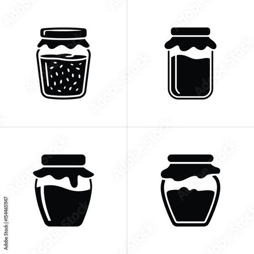 Four Black and White Jam Jar Icons with Lids and Contents Visible