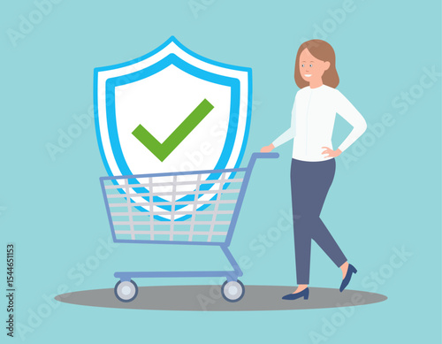 Woman with shopping cart and security shield.