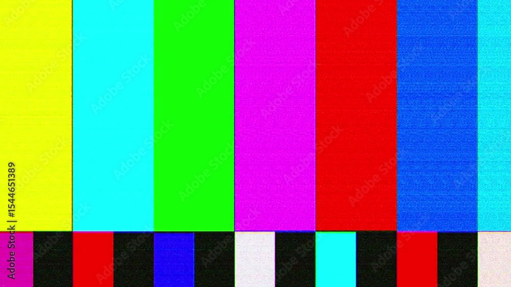 4k video no signal test pattern on TV screen; colorful flickering. Perfect for media, broadcasting, technology, communication, or entertainment industry projects.