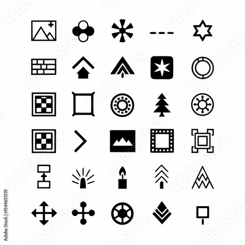 Design minimalist tribal icons featuring geometric shapes and symbolic motifs.  Include variations in line weight and texture.