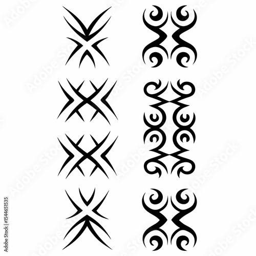 Design a tribal tattoo featuring varied line weights, incorporating both thick and thin strokes for a dynamic effect.  Show a range of curved and angular lines.