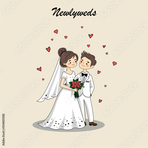 Newlyweds, wedding invitation, bride, groom, couple, love, groom, dress, woman, marriage, vector, cartoon, invitation, illustration, bridal, married, ceremony, wife, bouquet, marry, flowers, celebrati