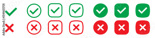 Right or wrong icons. Green tick and red cross checkmarks flat icons. Yes or no symbol, approved or rejected icon for user interface.