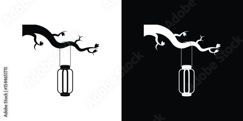 Illustration of Decorative Hanging Lantern from Tree Branch in Black and White Style