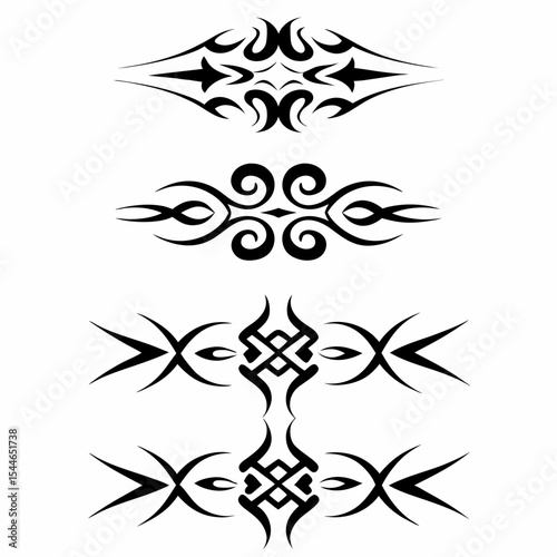 Design a set of minimalist, single-line tribal tattoo symbols; geometric, abstract, and symbolic icons suitable for body art.