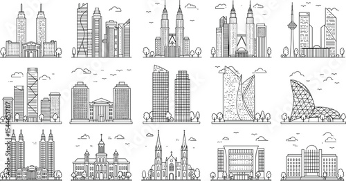 Modern and historical architectural skyline vector illustration, city buildings line art, black and white skyscraper landmarks, urban design concept for web, editorial, commercial use