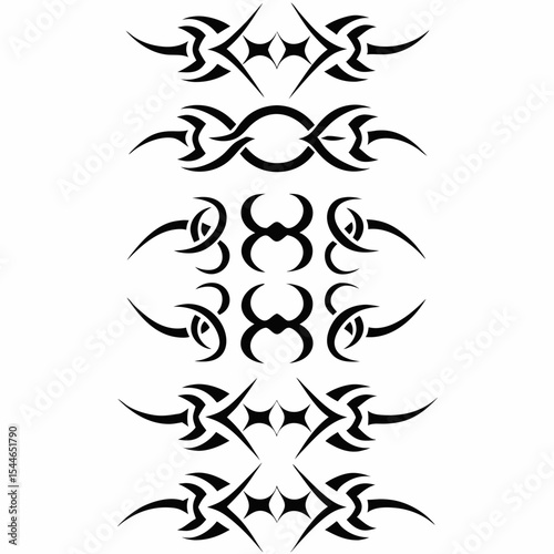Design a diverse set of tribal neck tattoo icons, showcasing various styles and patterns.  Include both minimalist and detailed designs.