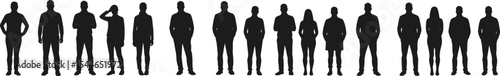 Silhouette group of people standing in line, isolated on white background, diverse human figures, men and women crowd, unity, team concept, diversity symbol, illustration