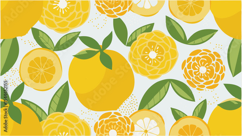 Vibrant yellow citrus fruits and green leaves create a refreshing and lively pattern design element