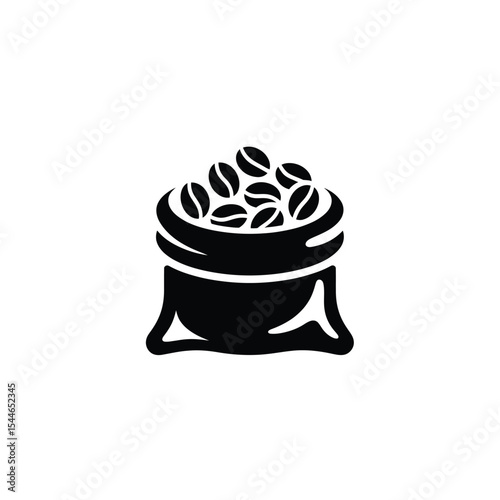 Bag Full of Coffee Beans, Black and White Simple Icon Illustration