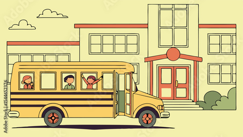 ack To School. Flat Vector Illustration, School Bus with Students, School Bus Arrival at School – Friendly Vector Illustration
