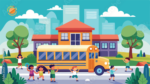 ack To School. Flat Vector Illustration, School Bus with Students, School Bus Arrival at School – Friendly Vector Illustration
