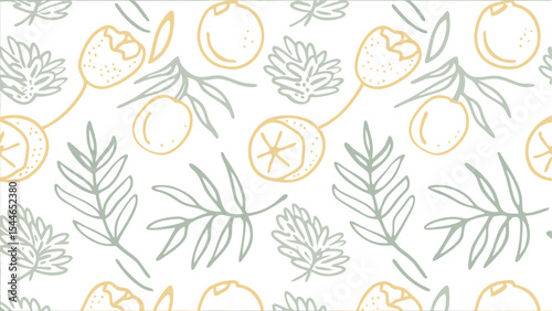 Seamless pattern of stylized fruits and leaves with a hand drawn feel in soft pastel colors on white