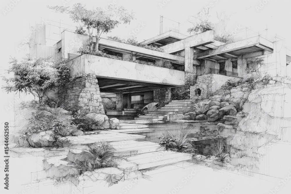 Fototapeta premium pencil sketch of luxury villa architectural concept
