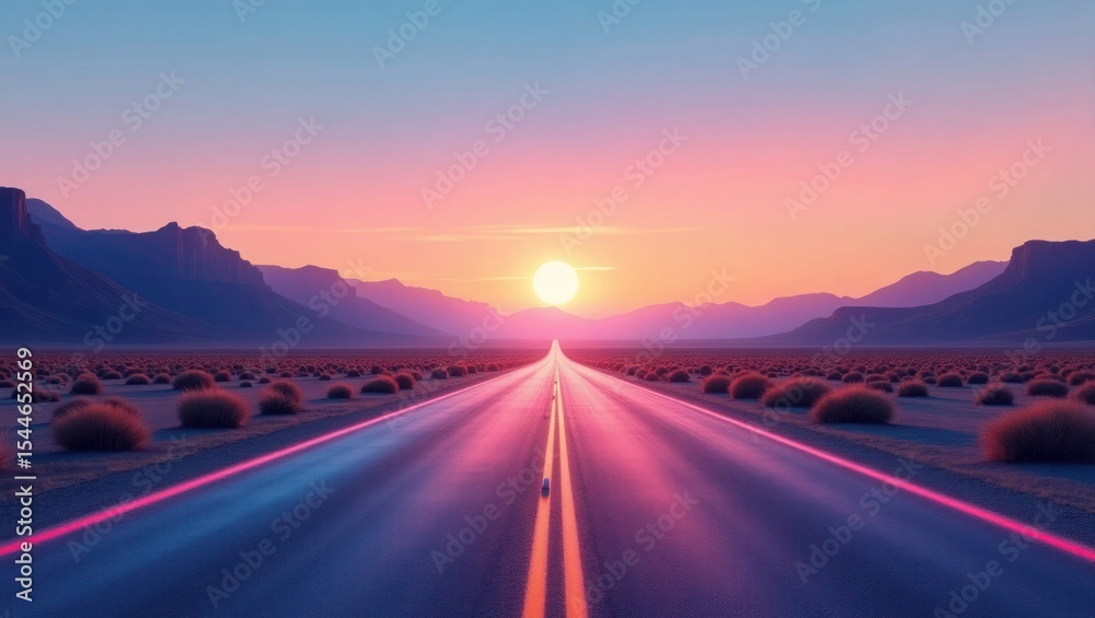 Naklejka premium Pink Sunset Highway Desert Road Landscape image 1