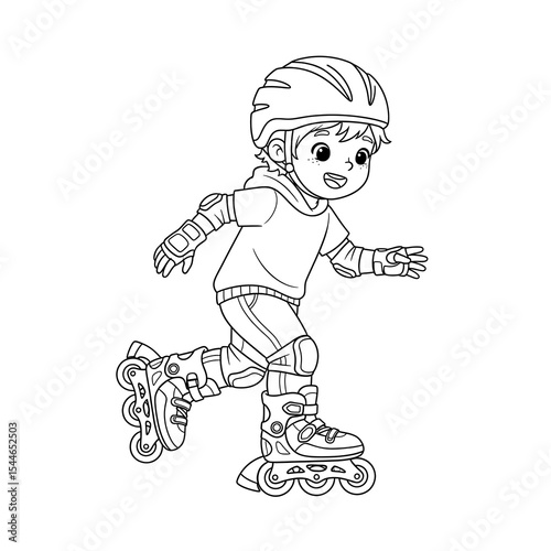 Roller skating coloring page for kids with safety gear and helmet black and white outline on transparent background