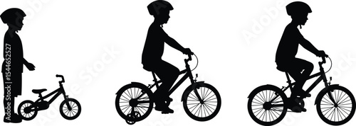 Silhouette of boy learning to ride a bicycle, child with helmet progression, bike training, childhood development, cycling stages, balance practice, outdoor activity concept.