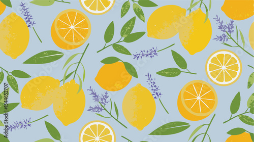 Illustration of lemons, lemon slices, green leaves and lavender flowers on a light blue background