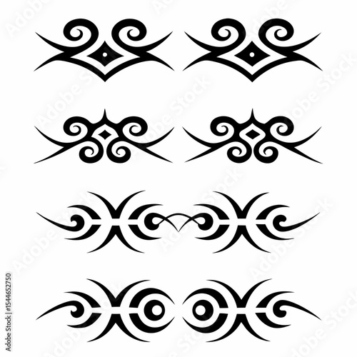 Design a set of tribal-style owl tattoo symbols, showcasing diverse cultural interpretations.  Include variations in feather patterns and overall shapes.