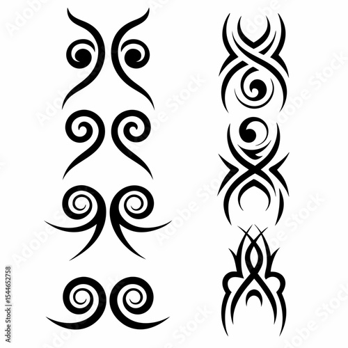 Design a set of tribal owl tattoo symbols, incorporating diverse geometric patterns and stylistic variations, showcasing both fierce and wise owl representations.