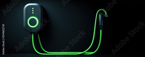 Modern electric vehicle charging station with sleek design, illuminated green accents, and coiled charging cable against dark background