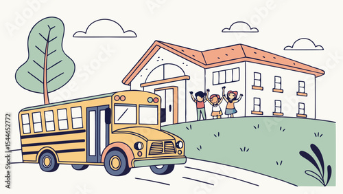 ack To School. Flat Vector Illustration, School Bus with Students, School Bus Arrival at School – Friendly Vector Illustration
