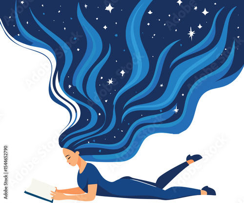 A minimalist vector flat illustration of a woman lying on her stomach while reading, with long dark blue flowing hair that transforms into a cosmic starry sky