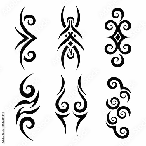 Design a set of iconic Polynesian tribal tattoo symbols;  include diverse patterns, geometric shapes, and traditional motifs.  High resolution, vector format preferred.