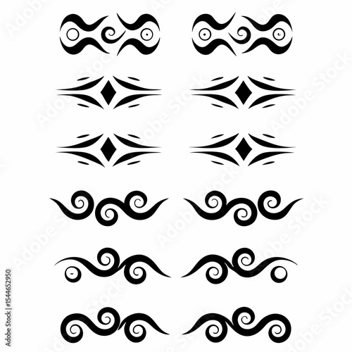 Design a set of Polynesian tribal tattoo icons, showcasing diverse traditional patterns and motifs.  Include variations in style and complexity.